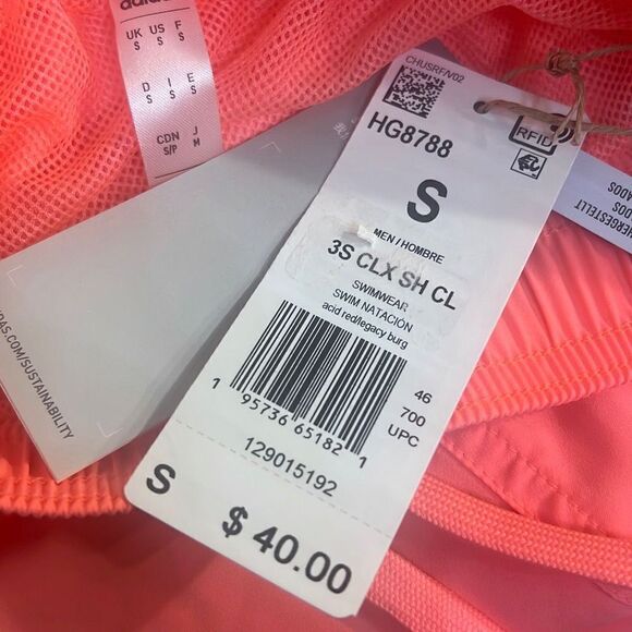 Adidas Men's 3 Stripe Classic Swim Trunks Acid Red - Size Small-NWT - Picture 4 of 5